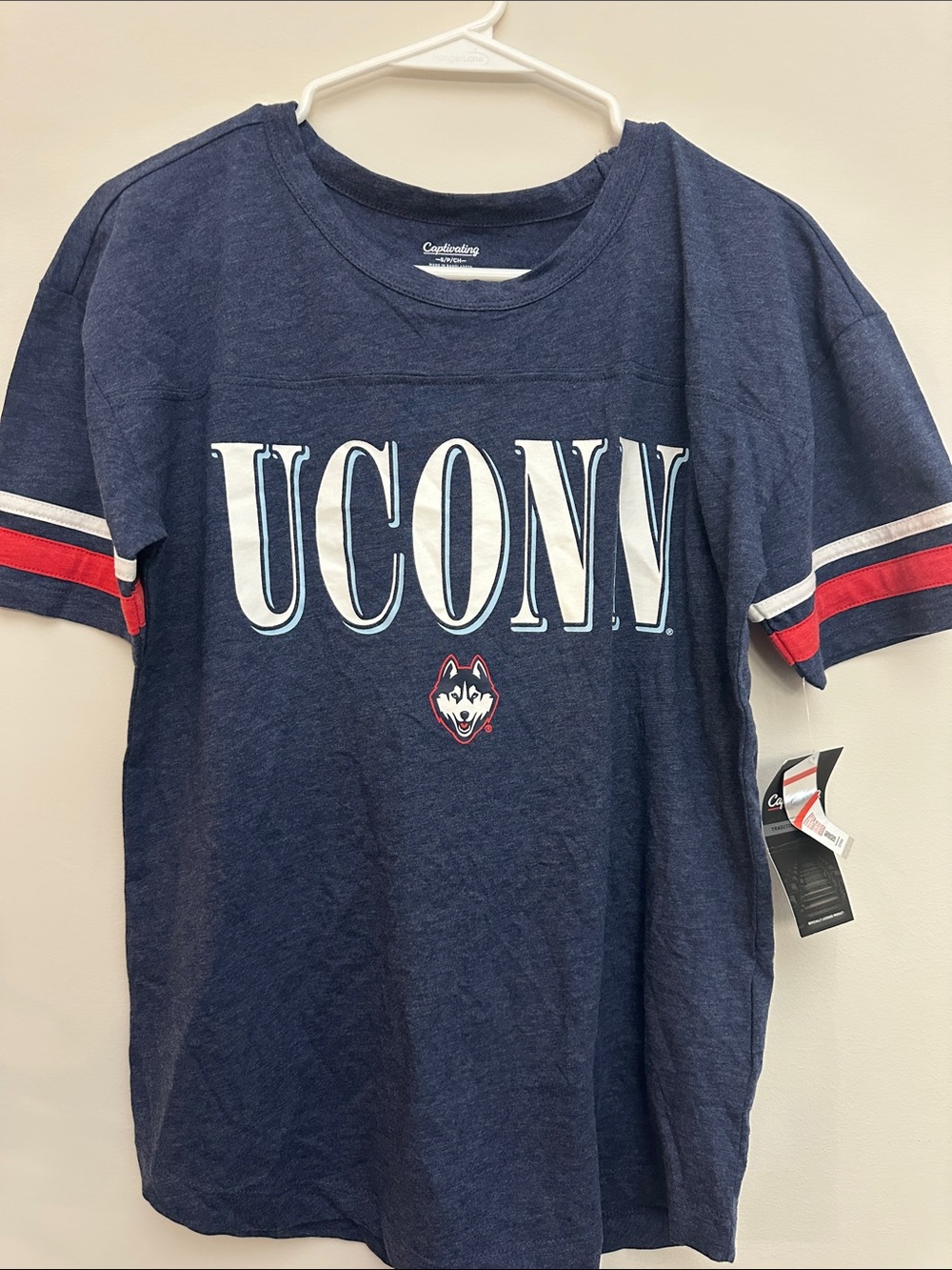 Champion UCONN Huskies Navy Short Sleeve Tee with Red & White Sleeve Stripes